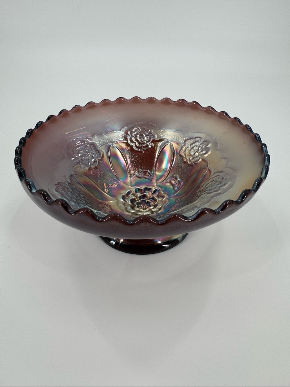 Imperial Glass Open Rose Amethyst Carnival Glass Footed Compote Vintage